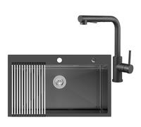 CECIPA 75x45 cm Lavello Nero Acciaio con L Rubinetto Cucina Estraibile, Lavandino Cucina 1 Vasca Nero Inox per Mobile da 80cm, con Sifone e Scarico