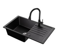 CECIPA 78 x 45 cm Lavello Cucina con Arco Rubinetto Estraibile, Lavello Nero con Gocciolatoio in Granito, Lavandino Cucina Nero per Mobile di lunghezza 60cm con Troppopieno e Sifone