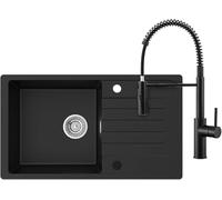 CECIPA 78 x 45 cm Lavello Cucina con Arco Rubinetto Molla, Lavello Nero con Gocciolatoio in Granito, Lavandino Cucina Nero per Mobile di lunghezza 60cm con Troppopieno e Sifone