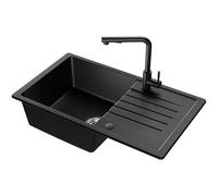 CECIPA 78 x 45 cm Lavello Cucina con L Rubinetto Estraibile, Lavello Nero con Gocciolatoio in Granito, Lavandino Cucina Nero per Mobile di lunghezza 60cm con Troppopieno e Sifone