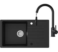 CECIPA 78 x 45 cm Lavello Cucina con U Rubinetto Estraibile, Lavello Nero con Gocciolatoio in Granito, Lavandino Cucina Nero per Mobile di lunghezza 60cm con Troppopieno e Sifone