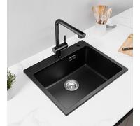 CECIPA Granito Lavello da Cucina Nero 55x45cm, Lavello da Incasso A 1 Vasca con Sifone E Scarico Sopraelevato