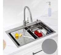 CECIPA Lavandino Cucina 70x45 CM, Lavello Cucina 1 Vasca con Dispenser Sapone, Lavabo Cucina con Vasca Mobile e Tagliere, Lavello in Acciaio Inox 201 con Sifone e Set di Drenaggio