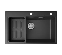 CECIPA Lavandino Cucina Nero 70x45 cm, Lavello Cucina 1 vasca in Granito con Dispenser per Sapone e Cestello di Scarico, Incasso al mobile 80cm, con Sifone