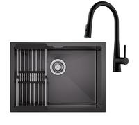 CECIPA Lavandino Cucina Nero Antracite 60 x 44 cm + Rubinetto Cucina con Doccetta Estraibile, Lavello Cucina 1 vasca da Incasso, Lavabo Cucina con Colino Cestello Estensibile, Sifone e troppopieno