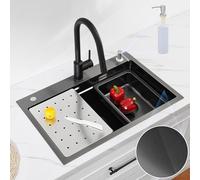 CECIPA Lavandino Cucina Nero (Antracite) 70x45 CM, Lavello Cucina 1 Vasca con Dispenser Sapone, Lavello Nero in Acciaio Inox con Vasca Mobile e Tagliere, con Sifone e Set di Drenaggio