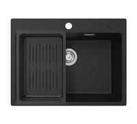 CECIPA Lavandino Cucina Nero in Granito 60 x 45cm, Lavello Cucina 1 Vasca con Colino Cestello, Lavabo Cucina per Armadio da Cucina da 60cm, con Sifone Classico e troppopieno