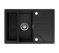 CECIPA Lavandino Nero 65 x 45 cm, Lavello da Cucina in Granito con Cestello, Lavello da Cucina con Installazione Reversibile, Incluso Sifone e Gruppo di Scarico e Trabocco