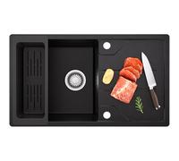 CECIPA Lavandino Nero 78 x 45 cm, Lavello Cucina in Granito con Cestello, Lavello da Cucina con Installazione Reversibile, Incluso Sifone e Gruppo di Scarico e Trabocco