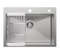 CECIPA Lavello Cucina 1 Vasca con Scolapiatti e Sifone, Lavello Cucina 60x45 cm, Lavello Quadrato in Acciaio Inox 304 Spazzolato, Lavello da Incasso con 2 Fori per Rubinetto, Lavello da Esterno