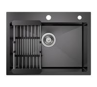 CECIPA Lavello Cucina 1 Vasca con Scolapiatti e Sifone, Lavello Cucina 60x45 cm, Lavello Quadrato Nero Antracite, Lavello da Incasso con 2 Fori per Rubinetto, Lavello da Esterno per Camper