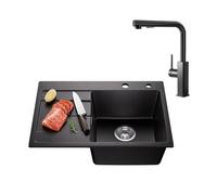 CECIPA Lavello Cucina 1 Vasca in Granito Nero - 65x45 cm con Rubinetto Estraibile, Vasca Singola con Sifone e Gruppo di Scarico