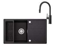 CECIPA Lavello Cucina 1 Vasca in Granito Nero - 78x45 cm con Rubinetto Estraibile, Vasca Singola con Cestello, Installazione Reversibile, Include Sifone e Gruppo di Scarico
