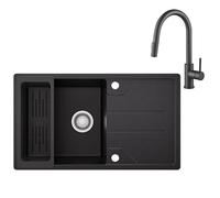 CECIPA Lavello Cucina 1 Vasca in Granito Nero - 78x45 cm con Rubinetto Estraibile, Vasca Singola con Cestello, Installazione Reversibile, Include Sifone e Gruppo di Scarico