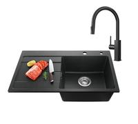 CECIPA Lavello Cucina 1 Vasca in Granito Nero - 78x45 cm con Rubinetto Estraibile, Vasca Singola con Sifone e Gruppo di Scarico