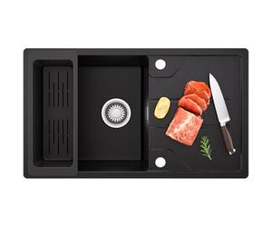 CECIPA Lavello Cucina 1 Vasca in Granito Nero - 78x45 cm, Vasca Singola con Cestello, Installazione Reversibile, Include Sifone e Gruppo di Scarico