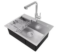 CECIPA Lavello Cucina 60 x 45 cm + Rubinetto Cucina Estensibile, Lavello con Sgocciolatoio e Sifone, Lavello Cucina 1 Vasca Quadrata, Lavello Incasso con 2 Fori Rubinetto, Acciaio Inox Spazzolato