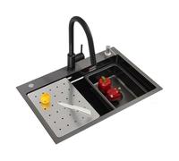 CECIPA Lavello Cucina Nero (Antracite) con Rubinetto Allungabile Nero, 70x45 cm Lavandino Cucina 1 Vasca con Dispenser Sapone, Lavabo Cucina con Vasca Mobile e Tagliere