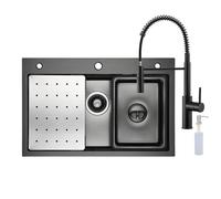 CECIPA Lavello Cucina Nero (Antracite) con Rubinetto Molla Nero, 70x45 cm Lavandino Cucina 1 Vasca con Dispenser Sapone, Lavabo Cucina con Vasca Mobile e Tagliere