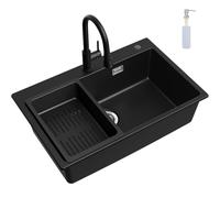 CECIPA Lavello Cucina Nero con Rubinetto a Doccetta Estraibile, 70 x 45 cm Lavandino Cucina 1 vasca in Granit con Dispenser Sapone e Cestello Scarico, Incasso al mobile 80cm, con Sifone