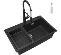 CECIPA Lavello Cucina Nero con Rubinetto a Molla Estraibile, 70 x 45 cm Lavandino Cucina 1 vasca in Granit con Dispenser Sapone e Cestello Scarico, Incasso al mobile 80cm, con Sifone