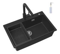 CECIPA Lavello Cucina Nero con Rubinetto Estensibile, 70 x 45 cm Lavandino Cucina 1 vasca in Granit con Dispenser Sapone e Cestello Scarico, Incasso al mobile 80cm, con Sifone