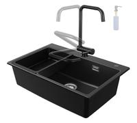 CECIPA Lavello Cucina Nero con Rubinetto Pieghevole, 70 x 45 cm Lavandino Cucina 1 vasca in Granit con Dispenser Sapone e Cestello Scarico, Incasso al mobile 80cm, con Sifone