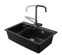 CECIPA Lavello Cucina Nero con Rubinetto Pieghevole, 70 x 45 cm Lavandino Cucina 1 vasca in Granit con Dispenser Sapone e Cestello Scarico, Incasso al mobile 80cm, con Sifone