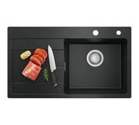 CECIPA Lavello da cucina 78 x 45 cm, in granito nero con scolapiatti, lavello da cucina per armadi da 45 cm di larghezza, lavandino da incasso, con sifone e scarico e troppopieno, colore: nero
