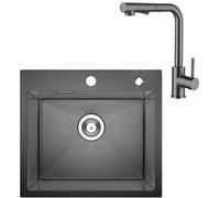 CECIPA Lavello da cucina allungabile, 50 x 45 cm, colore antracite, con rubinetto, per piani di lavoro a partire da 50 cm, con sifone e oltre