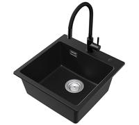 CECIPA Lavello da cucina con rubinetto, 45 x 45 cm, flessibile, con 2 tipi di getto, nero, rettangolare, lavello da cucina, moderno da incasso, granito, lavandino da cucina