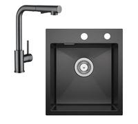 CECIPA - Lavello da cucina in acciaio inox, 40 x 45 cm, colore: antracite + rubinetto da cucina estraibile, set completo, rettangolare, piccolo lavello da incasso per 40 cm