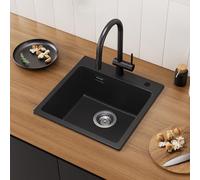 CECIPA Lavello da cucina in granito 45x45cm, moderno set di lavello da incasso con 2 fori per rubinetto, nero, quadrato, lavandino per la cucina