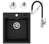 CECIPA Lavello da cucina in granito con rubinetto flessibile, con 2 tipi di getto d'acqua, colore nero, in granito, 40 x 45 cm, colore: nero granito
