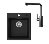 CECIPA Lavello da cucina in granito nero, 40 x 45 cm, con rubinetto estraibile da cucina, set lavello da incasso con 2 fori per rubinetto, lavello rettangolare con rubinetto, set completo per cucine