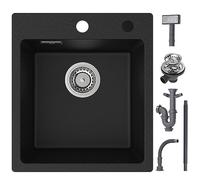 CECIPA Lavello da cucina in granito nero, 40 x 45 cm, rettangolare, moderno lavello da incasso, in granito, da cucina, piccolo, singolo con 2 fori per rubinetto, 1 vasca