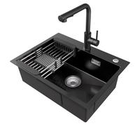 CECIPA Lavello da cucina in tonalità antracite 60 x 45 cm + rubinetto da cucina allungabile, nero spazzolato, razitton, lavello da cucina con scolapiatti e sifone, lavello da cucina, 1 bacino angolare
