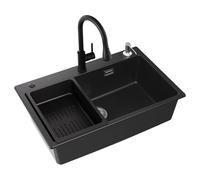 CECIPA Lavello da cucina nero 70 x 45 x 20, con rubinetto estraibile e dispenser di sapone, lavello in granito con scarico e troppopieno, 1 lavello da cucina da incasso a partire da 80 cm di larghezza
