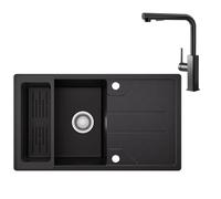 CECIPA Lavello da cucina nero 78 x 45 cm con rubinetto estraibile, lavello da cucina, lavello in granito a partire da 45 cm di larghezza, lavello con sifone e troppopieno, lavello con scolapiatti