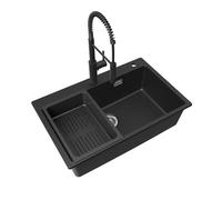 CECIPA Lavello da cucina nero con rubinetto a doccetta estraibile, 70 x 45 cm, lavello in granito con scarico e troppopieno, lavello da incasso a partire da 80 cm di larghezza
