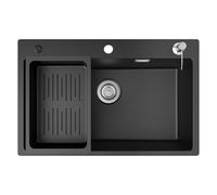 CECIPA Lavello da incasso in granito, grande, 70 x 45 cm, resistente ai graffi, resistente al calore, facile da pulire, con dispenser di sapone, scarico e kit di montaggio, colore nero