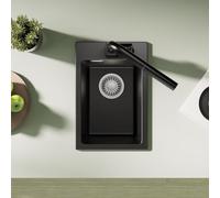 CECIPA Lavello in granito, 30 x 45 cm, rettangolare, piccolo, al quarzo, nero, con set di scarico, moderno, in granito, lavandino da incasso, mini lavello da cucina