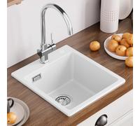 CECIPA Lavello in granito, 40 x 45 cm, bianco, mini lavello singolo per piccola cucina, lavello rettangolare con set di scarico, moderno lavello da incasso in granito