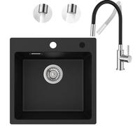 CECIPA Lavello in granito con rubinetto flessibile, rubinetto da cucina con 2 tipi di getto d'acqua, lavello da incasso, quadrato, in granito, 45 x 45 cm