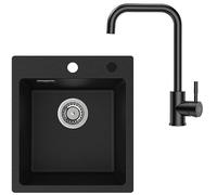 CECIPA Lavello in Granito con Rubinetto, Nero Rettangolare, in Granito, Rubinetto da Cucina con 2 Tipi di Getto D'acqua, Lavello da Cucina in Granito, 40 X 45 cm