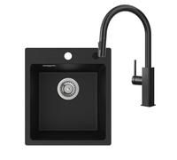 CECIPA Lavello in granito nero 40x45cm con rubinetto da cucina estraibile in acciaio inox, set di lavello da incasso con 2 fori per rubinetto, lavello da cucina rettangolare con rubinetto, set