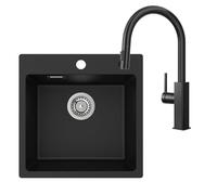 CECIPA Lavello in granito nero, 45 x 45 cm, con rubinetto da cucina, allungabile, in acciaio inox, set da cucina con 2 fori per rubinetto, rettangolare, lavabo con rubinetto per lavello, colore nero