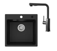 CECIPA Lavello in granito nero, 45 x 45 cm, con rubinetto da cucina estraibile in acciaio inox, set con 2 fori per rubinetto, lavello rettangolare da cucina, lavabo con rubinetto per lavello