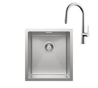 CECIPA Lavello nero 40 x 44 cm, lavello da cucina in acciaio inox, rettangolare, ad alta pressione con doccetta estraibile, 2 modalità acqua monocomando, rubinetto da cucina