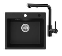 CECIPA Lavello nero 55 x 45 cm, lavello da cucina in granito, 1 vasca da incasso, 80% sabbia di quarzo, con sifone e oltre